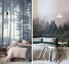 two pictures of a bedroom with trees painted on the wall and bed in the foreground