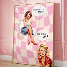 Go Piss Girl Bathroom Print Bathroom decor Toilet Poster Funny Bathroom art funny internet meme restroom prints go piss girl print vintage pin up retro pin up girl trendy aesthetics funny wall art cute bathroom art Poster made on our lighter-weight, uncoated classic matte paper. Paper:170 gsm/ 65 lb paper weight. We use FSC-certified paper or equivalent certifications depending on regional availability. It’s better for the people and the planet. Each poster is shipped in robust packaging, ensuring it arrives safe and secure. *FRAME IS NOT INCLUDED.* Designed in USA. Printed locally. Pink Vintage Bathroom, Dance Room Decor, Go Piss Girl, Woman Bathroom, Bathroom Decor Toilet, Toilet Poster, Girl Bathroom Decor, Dance Room, Girl Bathroom