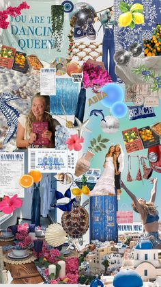 the collage is made up of many different items and colors, including blue, pink,