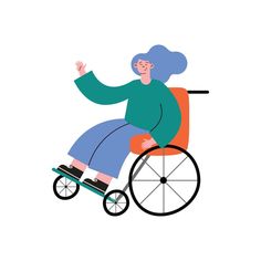 a woman in a wheel chair with blue hair and glasses on her head is waving