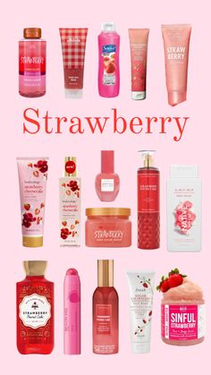 Strawberry fragrance fruity lotion skincare recommendations sweet scent trendy perfume pink red aesthetic Strawberry Perfume, Soap Packaging Design, Strawberry Scent, Skin Care Routine Order, Bath And Body Works Perfume, Make Up Inspo