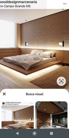 an image of a bed in the middle of a room with lights on top of it