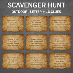 the scavenger hunt outdoor letter and 16 clues for each child to use in this game