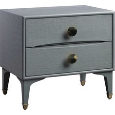 a grey nightstand with two drawers and gold pulls on the bottom drawer, against a white background