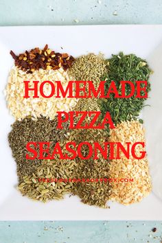 homemade pizza seasoning mix on a white platter with the words homemade pizza seasoning