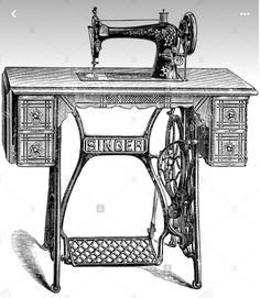 an old sewing machine with the foot pedal on it's side, vintage line drawing or engraving