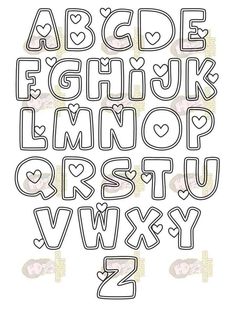 the alphabet and numbers are outlined in black ink with hearts on them, as well as two