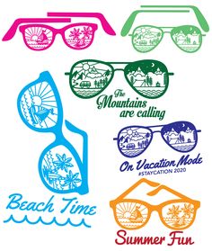 four different colored sunglasses with the words beach time and vacation fun written in each one