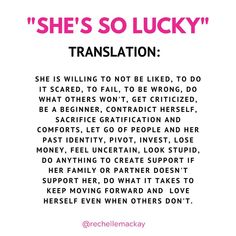 the poem she's so lucky translation is written in pink and black on a white background