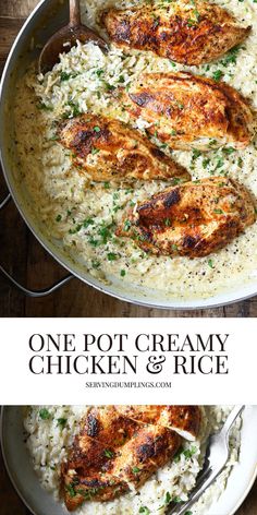 one pot creamy chicken and rice in a skillet