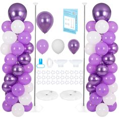 purple and white balloons are arranged in the shape of an arch