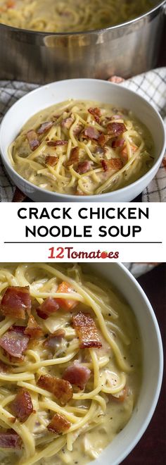 two bowls of chicken noodle soup with bacon on top