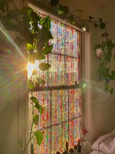 the sun shines brightly in front of a window decorated with beads and plants on display