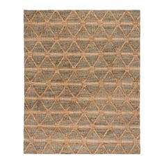 an area rug with brown and tan geometric designs on the front, in neutral tones