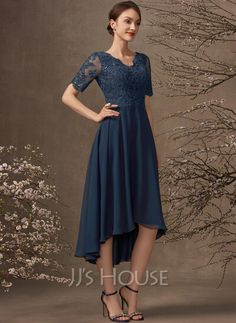 A-Line V-neck Asymmetrical Chiffon Lace Mother of the Bride Dress With Sequins (008255226) - JJ's House Bride Dress Elegant, Lace Short, Mother Of The Bride Dress