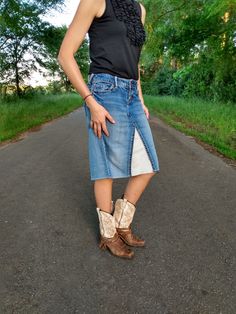 Cute upcycled Jean skirt for women or girls, with contrasting front. Adorable with boots and a belt, or with sandles and a summer shirt. Great for both warm weather and cold, for dressing up or casual. I love the durability of jeans but the femininity of a skirt. :) I make these to order, just order your size and if you have any specific requests like length or anything let me know! Casual Upcycled Skirt For Spring, Casual Upcycled Spring Skirt, Upcycled Cotton Denim Skirt, Casual Fitted Upcycled Denim Skirt, Casual Upcycled Denim Skirt, Upcycled Bottoms For Summer, White Lace Jeans, Jean Skirt Midi, Ripped Denim Skirt