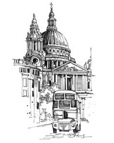 a black and white drawing of a bus in front of a building with dome tops