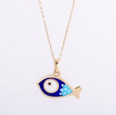 Cute Fish Enamel Evil Eye Pendant , 14k Solid Gold Blue Fish Animal Necklace , Protector Enamel Eye Necklace , Best Gift for Kids and Girls With its simple and classic design, your blue fish necklace will be fashionable for many years. It the strong and long-lasting enough to withstand anything your little one can do! It's a great birthday present, the first piece of jewelry, or a gift for no reason. Make her happy! ------------------------------------------------ PRODUCT DETAILS MATERIAL We car Blue Enamel Necklaces With Lobster Clasp, Enamel Fish-shaped Jewelry For Gifts, Enamel Fish-shaped Jewelry As Gift, Fish-shaped Enamel Jewelry As A Gift, Fish-shaped Enamel Jewelry For Gifts, Fish-shaped Enamel Jewelry Gift, Fish Animal, Animal Necklace, Fish Necklace