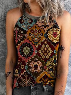 Women's Vintage Western Style Tank Tribal Print Tank Tops Sleeveless Printed Tops For Festivals, Printed Sleeveless Tops For Fall, Bohemian Tops With Vintage Print, Bohemian Patterned Tops With Vintage Print, Bohemian Patterned Top With Vintage Print, Multicolor Boho Print Top For Festival, Multicolor Vintage Print Beach Top, Bohemian Sleeveless Tops For Fall, Multicolor Printed Tops For Festival