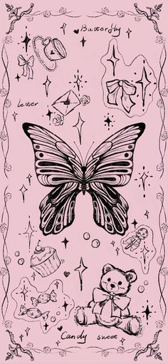 a black and white drawing of a butterfly with stars on it's wings, surrounded by other symbols