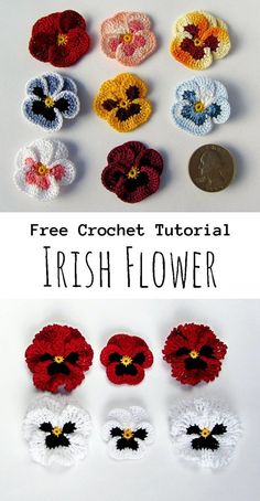 crochet flowers are shown in different colors and sizes