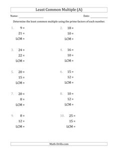 the least common multiple numbers are shown in this worksheet