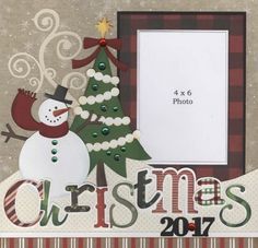 a christmas card with a snowman next to a fir tree and a photo frame