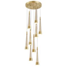 a gold chandelier with five lights hanging from it's sides and four tubes attached to the ceiling