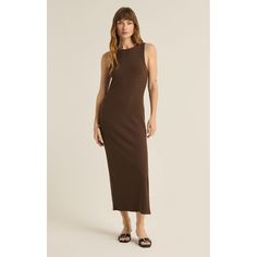 Crew neckline Sleeveless Premium slub rib knit Single slit at side seam Length from shoulder 50" Fitted Premium Slub Rib: 63% Rayon, 30% Polyester, 7% Spandex Fawn Design, Rib Dress, Ribbed Midi Dress, Sweater Dress Midi, Ribbed Dresses, Brown Dress, Dress Romper, Nordstrom Dresses, Dark Chocolate