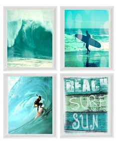 four pictures of surfers in the ocean with surfboards and words above them that say beach, surf, sun