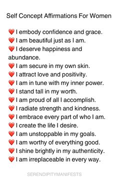 a poem written in red and white with the words self concept affirmitions for women