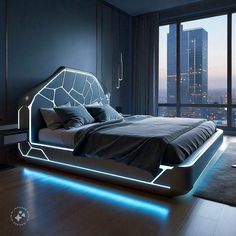 a bed that is in the middle of a room with some lights on top of it