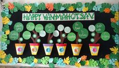 a bulletin board decorated with potted plants and the words happy vamhachat sev