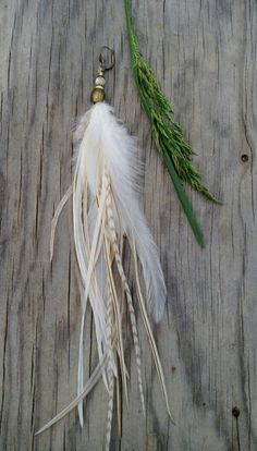 a feather keychain is sitting on a piece of wood next to some plants