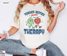 Best friends really are the best therapy so surprise your teacher bestie with this retro teacher bestie shirt. Perfect for back to school this funny teacher shirt makes a great gift for your teacher best friend and looks super cute in and out of the school environment. These shirts have a unisex style, are comfy and soft and suit both men and women. STYLE GUIDE *Bella Canvas 3001 crewneck shirt *Unisex fit *Soft, light & comfortable   MATERIAL *100% cotton *Heather colors cotton/polyester blend Funny Matching Shirts, Gifts For Teacher, Bestie Gifts, Funny Teacher, Teacher Humor, Friends Shirt, Crew Neck Shirt, Matching Shirts, Teacher Shirts