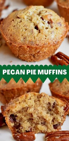 pecan pie muffins with pecans in the background and text overlay that reads pecan pie muffins