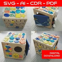 four different pictures of wooden blocks with various designs on them and the words svg eps dxf