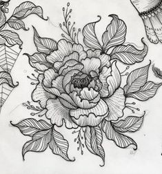 a black and white drawing of flowers with leaves