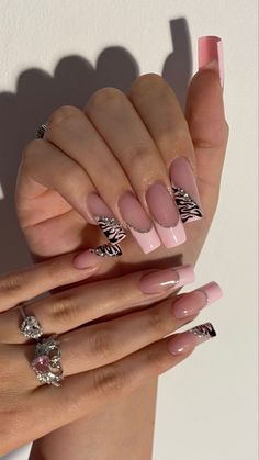 Zebra Nails Pink, Dope Nail Designs Swag, Zebra French Tip Nails, Baddy Nails, Early 2000 Nails, Y2k French Tip, Nail Salon Nails, Nails Pink Acrylic, Nails Girly