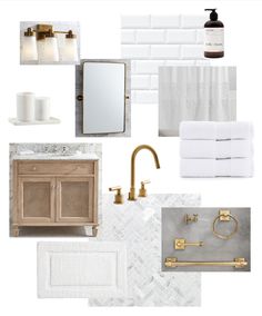 the bathroom is all white and has gold fixtures, towels, toilet paper, soap dispenser