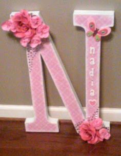 the letter n is decorated with pink flowers