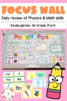 the focus wall for daily review of phonics and math skills