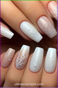 White nails are versatile, timeless, and suitable for any occasion. They offer a clean and polished look that complements any outfit. This post contains 39 white nail designs to help you stand out from the crowd. Cute, milk, milky, brown and, simple, short, gold and, gel, almond, coffin, square, with rhinestones, acrylic, with gems, with charms White Gold Winter Nails, Cute Winter Nails Acrylic Short, Silver And White Acrylic Nails, Winter Wedding Nails For Bride, Bride Nail Designs, Acrylic With Gems, White Winter Nail Designs, Nails With Pearls On Them, White Holiday Nails