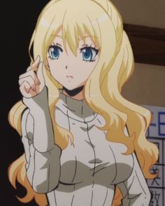 an anime character with blonde hair and blue eyes pointing to the side while standing in front of a sign