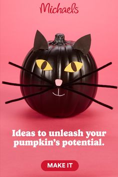 an advertisement for michael's pumpkins featuring a black cat with yellow eyes on it