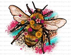 a drawing of a bee with flowers on it's chest and wings, sitting on top of a leopard print