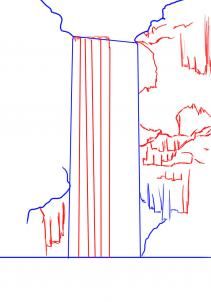 a drawing of a waterfall with red and blue lines on the bottom, in front of a white background