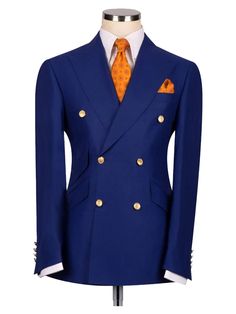 Blue Double-breasted Suits With Buttons, Blue Double-breasted Suit With Buttons, Blue Three-piece Suit With Notch Lapel And Pockets, Blue Office Suits With Double Button Closure, Blue Three-piece Suit With Notch Lapel, Tailored Blue Sport Coat With Double Button, Tailored Blue Sport Coat With Double Button Closure, Blue Double-breasted Suit For Business, Blue Double-breasted Suit With Button Closure