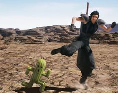 an animated image of a man holding a baseball bat in the air next to a cactus