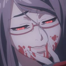 an anime character with red eyes and blood on her face, looking at the camera